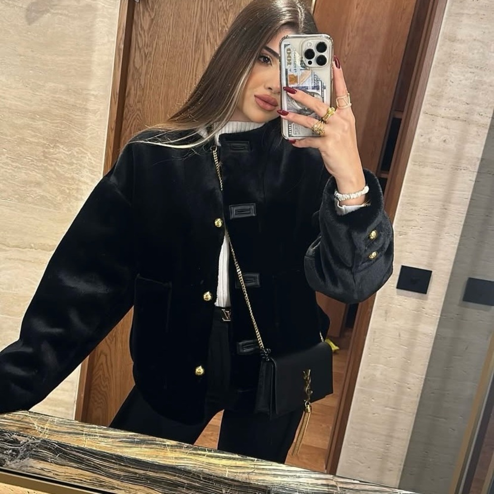 Zara black faux fur jacket with gold buttons - Picture 12 of 12